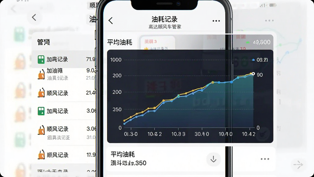 一张展示高达顺风车管家油耗记录功能的界面截图,主体是手机屏幕上的油耗趋势折线图,布局居中,排版清晰,风格扁平化,细节包括加油记录列表、平均油耗数值、图表坐标轴,画质干净明亮,无多余元素,屏幕顶部显示“油耗记录”和“高达顺风车管家”字样