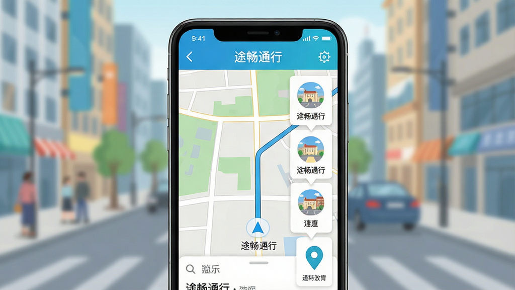 一幅展示智能手机屏幕运行途畅通行应用的场景,屏幕上有地图导航界面和周边景点图标,背景是模糊的城市街道,整体风格明亮清晰,采用扁平化设计,画质干净,无多余元素,文字标注“途畅通行”