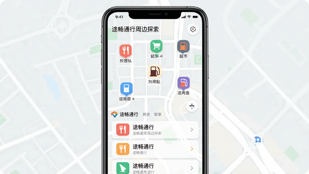 手机屏幕展示途畅通行的周边探索界面,地图上分布着餐厅、超市、加油站等彩色图标,下方有信息卡片列表,界面简洁现代,扁平化设计,画质清晰,干净无多余元素,文字标注“途畅通行周边探索”