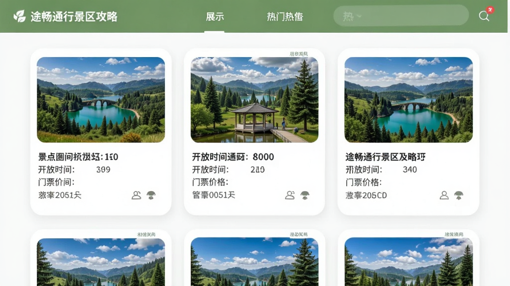 途畅通行景区攻略页面展示热门景点的图文介绍,有景点照片、开放时间、门票价格等文字信息,界面采用卡片式布局,风格清新自然,画质干净,无多余元素