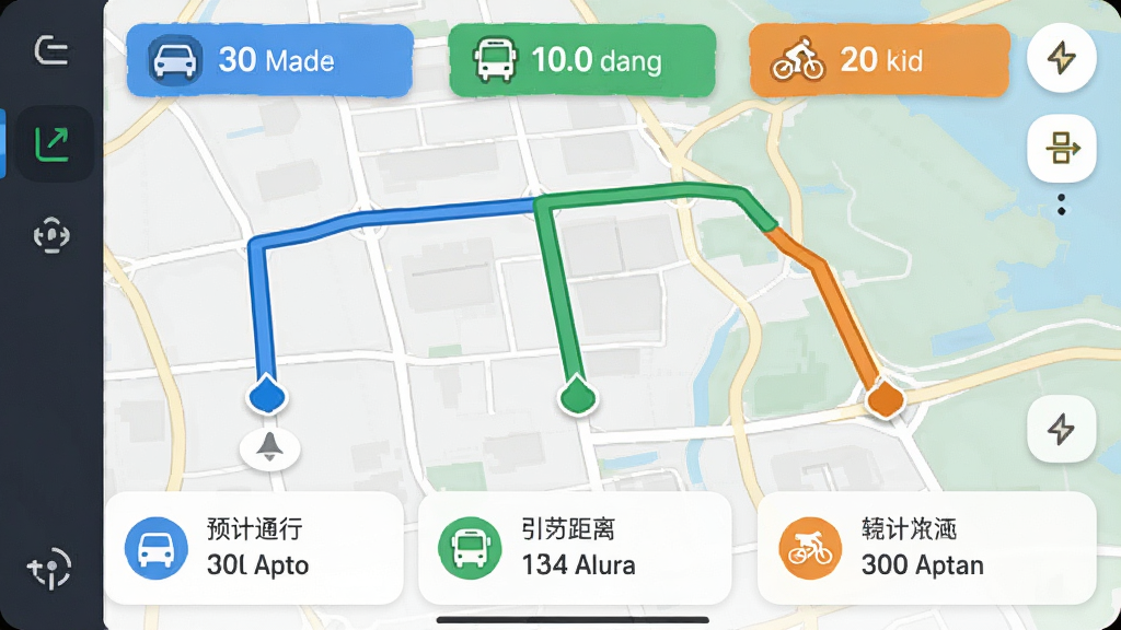 途畅通行导航界面显示驾车、公交、骑行三种路线方案,地图上分别用蓝、绿、橙线条标注,底部有预计时间和距离卡片,风格写实清晰,画质干净,无多余元素
