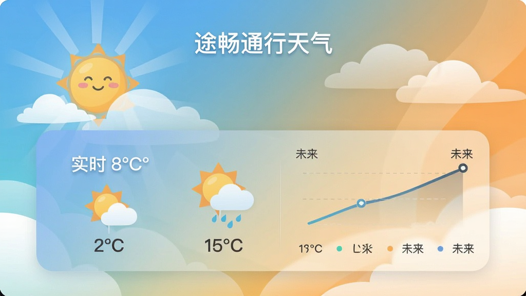 途畅通行天气界面展示实时温度、天气图标和未来趋势,背景有阳光和云朵插画,界面采用渐变色调,扁平化风格,画质干净,无多余元素,文字标注“途畅通行天气”