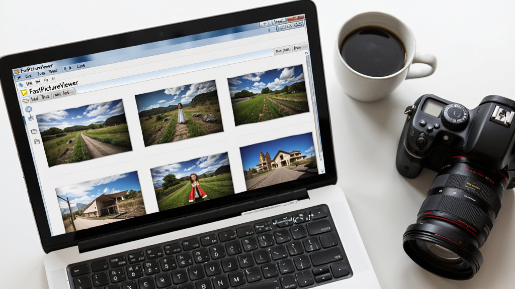 一张“FastPictureViewer”软件使用场景图,主体是一台笔记本电脑屏幕显示软件界面,旁边摆放着一杯咖啡和一台专业相机,布局为俯拍视角,排版有生活气息,风格写实,细节体现屏幕上的照片清晰可见,画质高,干净无多余元素。