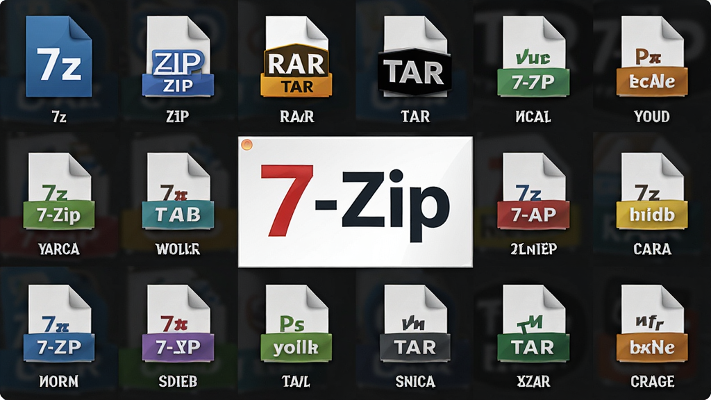 主体:7-Zip软件界面展示多种压缩格式图标,如7z、ZIP、RAR、TAR等,并标注“7-Zip”;布局:图标以网格排列,中央为软件Logo;排版:统一整齐,格式名称清晰标注;风格:简洁图标风,色彩鲜明;细节:每个图标下方标注格式名称,整体层次分明;画质:高分辨率,干净无多余元素。