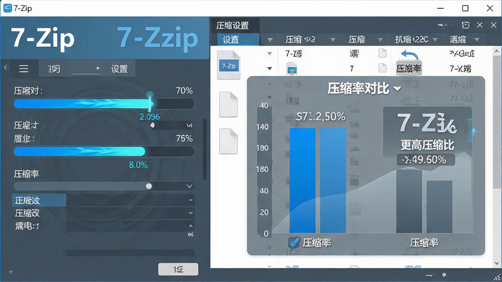 主体:7-Zip软件界面显示压缩进度条与压缩率对比图表,标注“7-Zip”与“更高压缩比”;布局:左侧为压缩设置面板,右侧为文件列表与进度指示;排版:数据可视化清晰,压缩率对比柱状图醒目;风格:科技感蓝灰配色,扁平化;细节:进度条动态显示,压缩率数字突出;画质:高清干净,无多余元素。