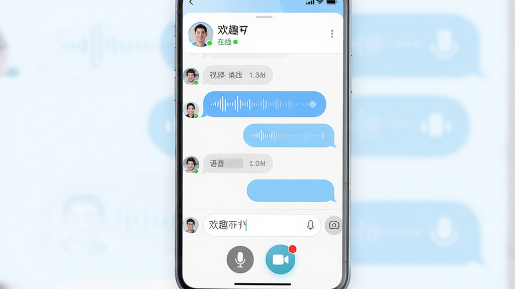 主体:欢趣APP的聊天界面,显示语音条、视频通话按钮和文字输入框。布局:聊天界面居中,下方有麦克风、摄像头图标。排版:对话气泡排列有序,顶部有对方头像和“在线”状态。风格:现代简洁,色彩以白色和浅蓝色为主。细节:语音条有波形动画,视频按钮有红点提示。画质:高清,干净,无多余元素。