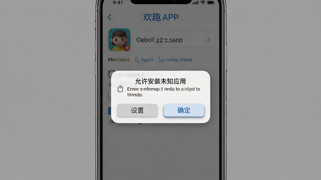 主体:欢趣APP在手机上的安装界面,显示“允许安装未知应用”的弹窗。布局:手机屏幕占据主视觉,弹窗居中,有“设置”和“确定”按钮。排版:简洁明了,背景为灰色。风格:真实感,截图风格。细节:弹窗文字清晰,按钮有阴影。画质:高清,干净,无多余元素。
