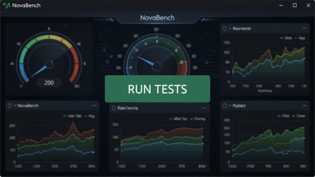 一幅展示NovaBench软件主界面的高清截图,界面中央显示醒目的“RUN TESTS”按钮,背景是深色科技感风格的仪表盘与性能图表,布局简洁清晰,整体风格专业现代,细节丰富,画质干净无多余元素