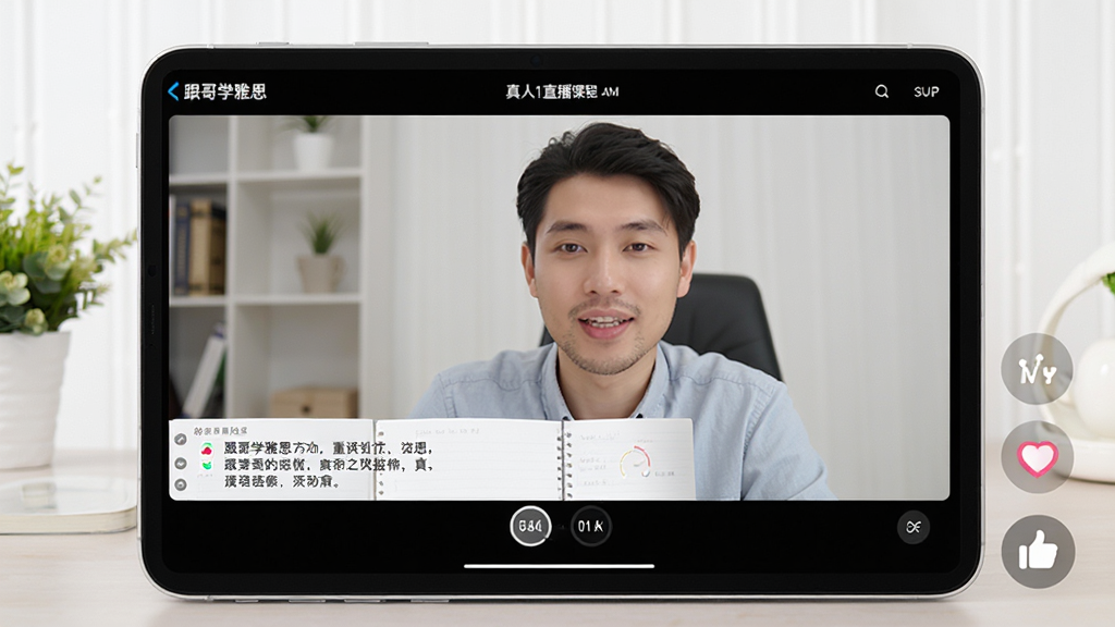 展示“跟哥学雅思”APP内真人1对1直播课程场景,主体为外教与学员视频连线画面,屏幕上有口语题目和计时器,布局为上下分屏,风格写实明亮,细节包括教材笔记和点赞互动图标,画质高清干净