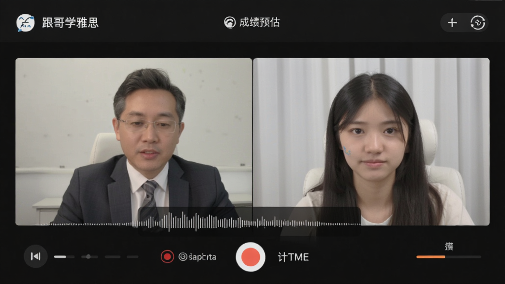 模拟雅思口语考试场景的“跟哥学雅思”APP截图,主体为外教考官与考生视频对话,界面有录音波形和计时提示,布局为手机竖屏,风格简约专业,细节包含考试流程步骤条和成绩预估,画质干净无多余元素