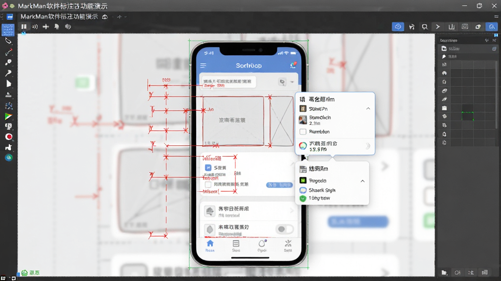 MarkMan软件标注功能演示,显示在移动应用界面设计稿上,多个红色标注线标出元素间距和尺寸,旁边有数据浮窗,界面干净,设计专业,高清晰度