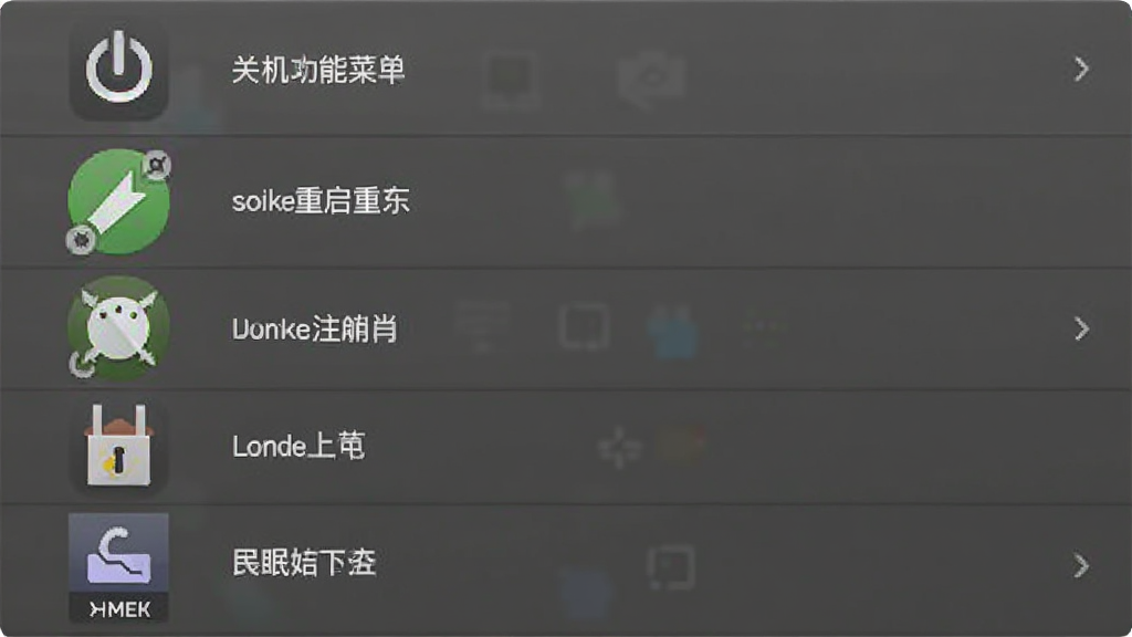 Shutdown Timer软件功能菜单展开示意图,列出关机、重启、注销、锁定、休眠等选项图标,布局上下排列,排版规整,风格图标化,细节包括每个图标的小标签文字,画质干净无多余元素