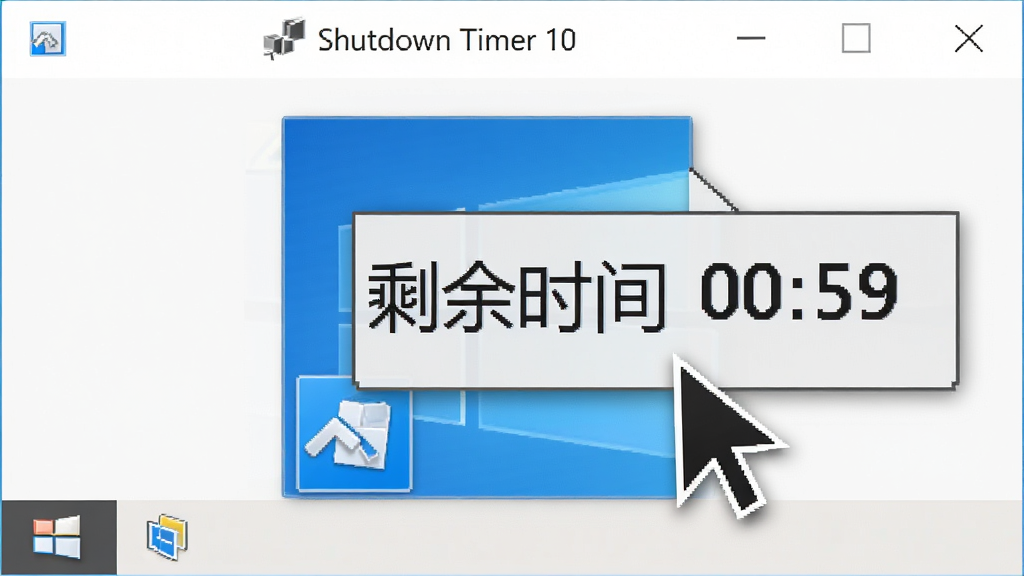 Shutdown Timer软件在Windows 10系统托盘中的图标放大图,鼠标指针悬停显示剩余时间提示气泡,布局局部特写,排版居中,风格写实,细节包括气泡内文字“剩余时间 00:59”,画质高清干净,无多余元素