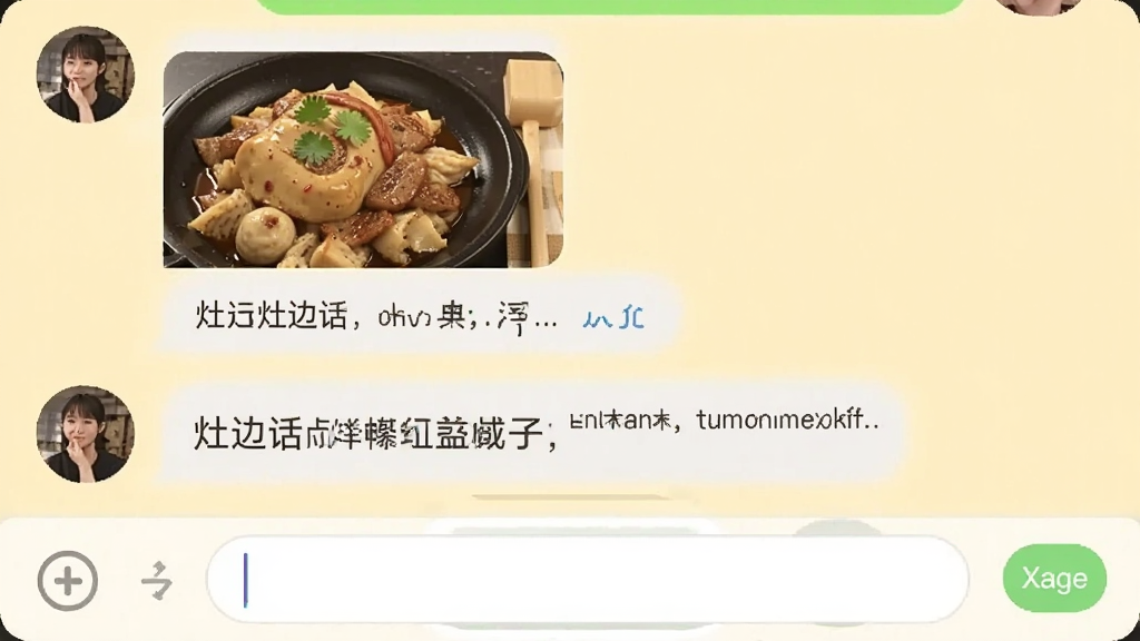 一张手机聊天界面截图,显示灶边话的聊天窗口,对话气泡中有人发送菜品照片和文字,底部有输入框和发送按钮,背景为浅黄色,整体风格温暖,画质清晰,干净无多余元素