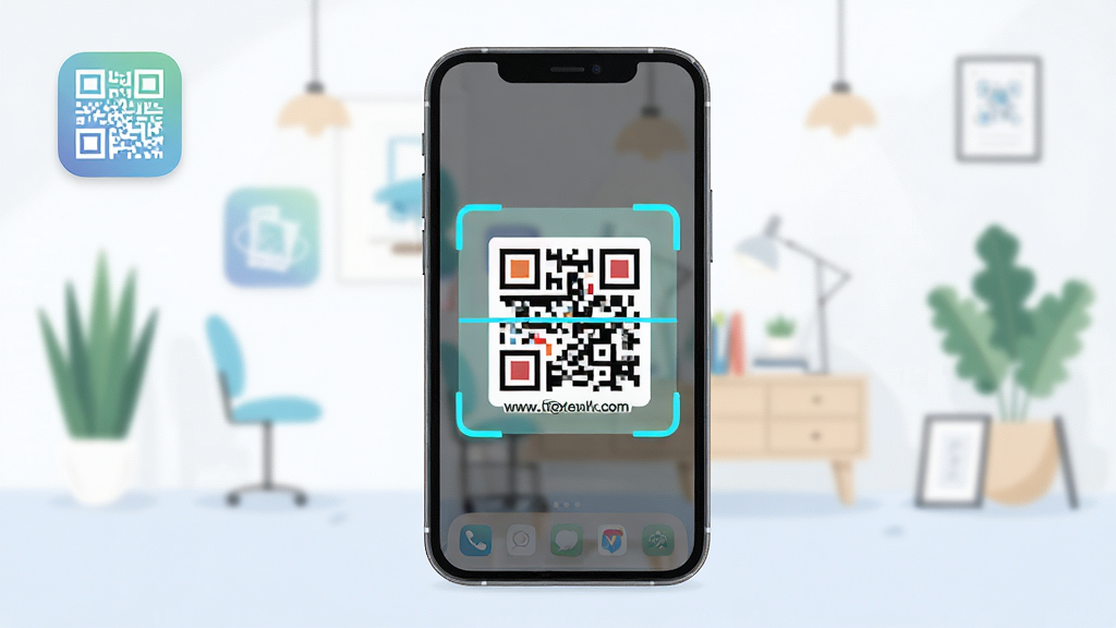 主视觉图展示扫码通用二维码扫描器在手机桌面的图标与应用界面,画面以简洁的现代智能手机为背景,屏幕中央清晰显示扫描框对准一个包含网址的彩色二维码,周边环境明亮干净,采用扁平化插画风格,构图居中,细节精致,画质高清且无多余元素