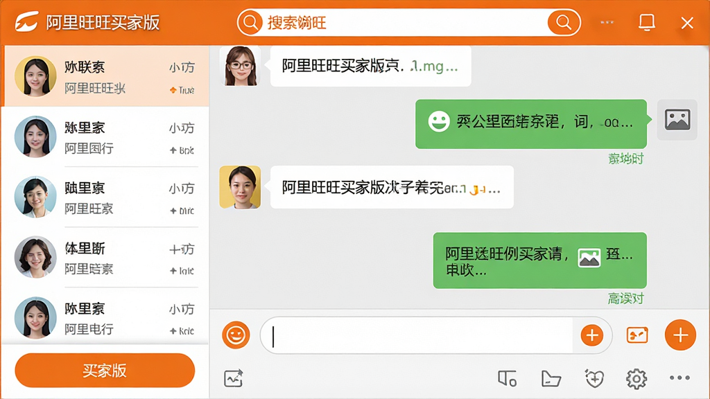 主体:阿里旺旺买家版聊天界面,展示文字和图片消息发送。布局:左侧联系人列表,右侧聊天窗口,下方有输入框和功能按钮,顶部搜索栏标注“阿里旺旺买家版”。排版:对话气泡左右分布,清晰展示消息收发状态。风格:扁平化设计,界面清晰,橙色高亮按钮。细节:输入框内有表情符号和图片图标,消息已读状态显示。画质:高清,干净,无多余元素。