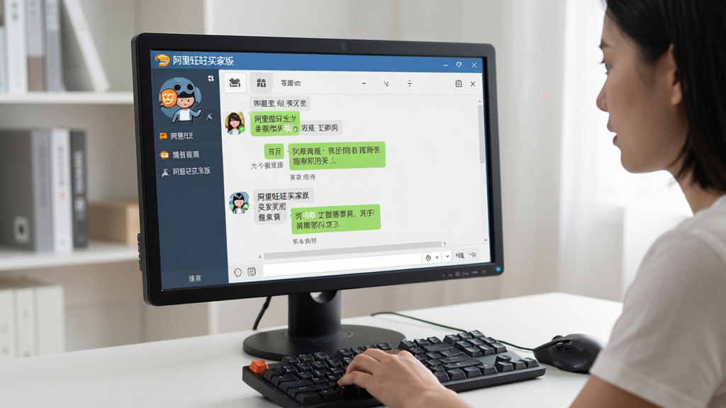 主体:用户正在电脑前使用阿里旺旺买家版与卖家沟通,电脑屏幕显示旺旺聊天窗口。布局:前景为电脑键盘和鼠标,中景为显示器屏幕,屏幕上有“阿里旺旺买家版”聊天界面,背景为简约书房环境。排版:居中构图,屏幕内容清晰可见。风格:写实生活风格,光线柔和自然。细节:聊天窗口内有文字对话,用户手指放在键盘上,表情专注。画质:高清,干净,无多余元素。