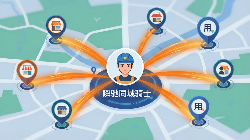 一张以地图为背景的APP功能展示图,地图上清晰标注“瞬驰同城骑士”的智能派单逻辑,骑手头像位于中心,周边有多个商家与用户位置点,并以动态光线连接,代表系统正在智能匹配最优订单,光线颜色为明亮的橙色,画面科技感与现代感十足,整体风格扁平化设计,画质清晰,无多余元素