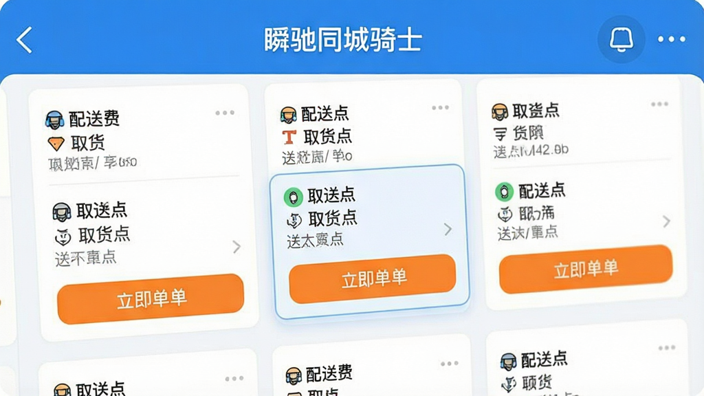 一张APP抢单大厅的界面截图设计,屏幕顶部标题为“瞬驰同城骑士”,下方列表展示多个配送订单卡片,每个卡片清晰显示配送费、取货点与送达点,其中一张卡片高亮突出显示“立即抢单”按钮,整个界面以清爽的蓝白色调为主,按钮使用醒目的橙色,风格写实,画质干净,无多余元素