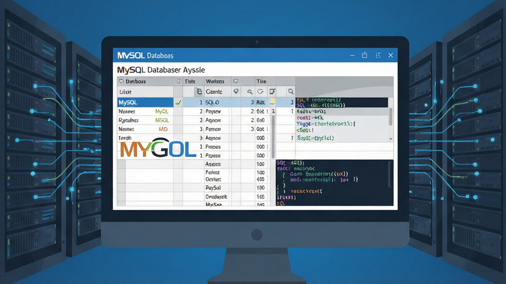 MySQL数据库管理软件主视觉图,主体为电脑屏幕中显示的MySQL数据库表格界面,背景有服务器机柜与数据流动线条,布局居中,采用科技蓝与深灰色调,扁平化设计风格,细节包含表结构、SQL代码片段,画质高清,干净整洁,无多余元素