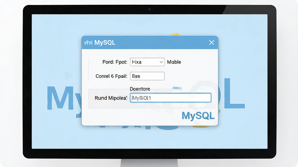 MySQL安装配置教程截图,主体为电脑屏幕显示配置向导窗口,布局居中,配色浅蓝与白色,扁平化插画风格,细节包含端口设置、密码输入框,标注