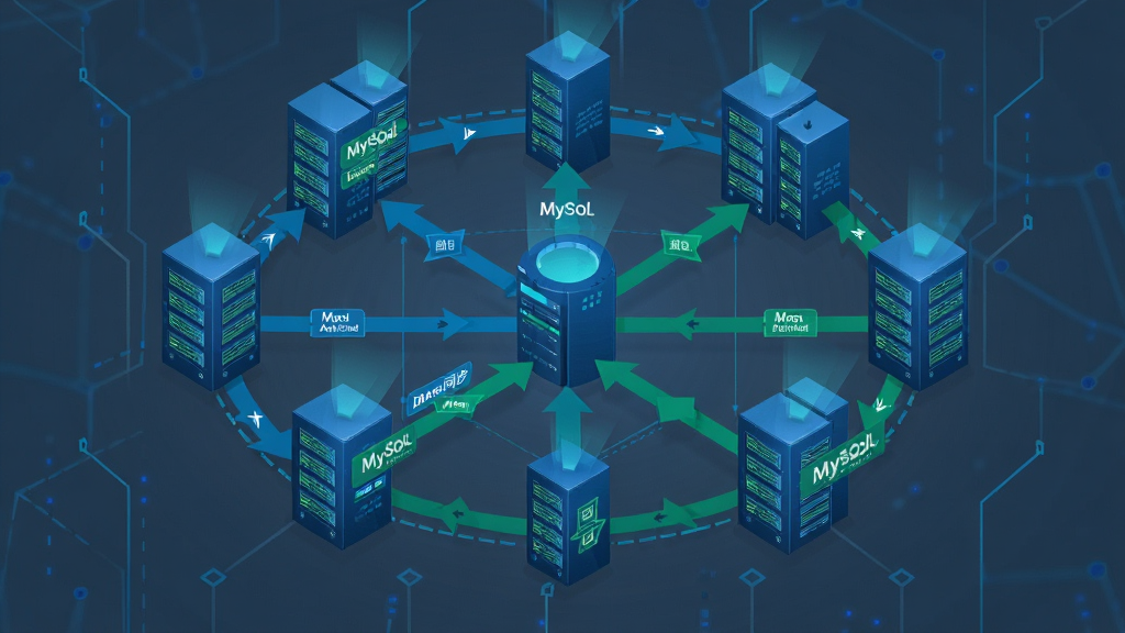 MySQL高可用集群架构图,主体为多台服务器节点连接成环形网络,布局采用全景式俯视图,颜色为科技蓝与绿色,风格为2.5D等距插画,细节包含数据同步箭头、主从标识,画质细腻,干净无杂乱元素