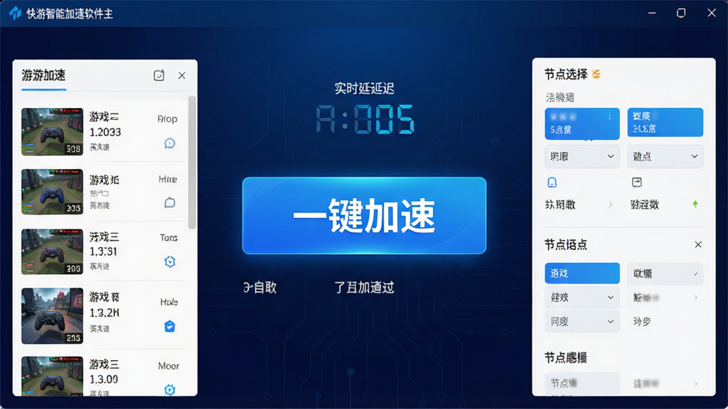 一张展示快游智能加速软件主界面的高清截图,界面包含醒目的“一键加速”按钮、实时延迟数字、游戏列表以及节点选择区域,整体设计简洁明亮,蓝色科技感风格,背景为深色渐变,主体居中布局,文字标签清晰,画质干净无多余元素