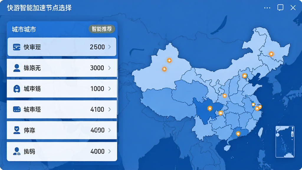 展示快游智能加速节点选择界面的示意图,界面左侧列出多个城市节点名称及延迟数值,右侧为地图分布,主体为蓝色调,布局清晰,风格扁平化,细节包括“智能推荐”标签,画质干净无多余元素