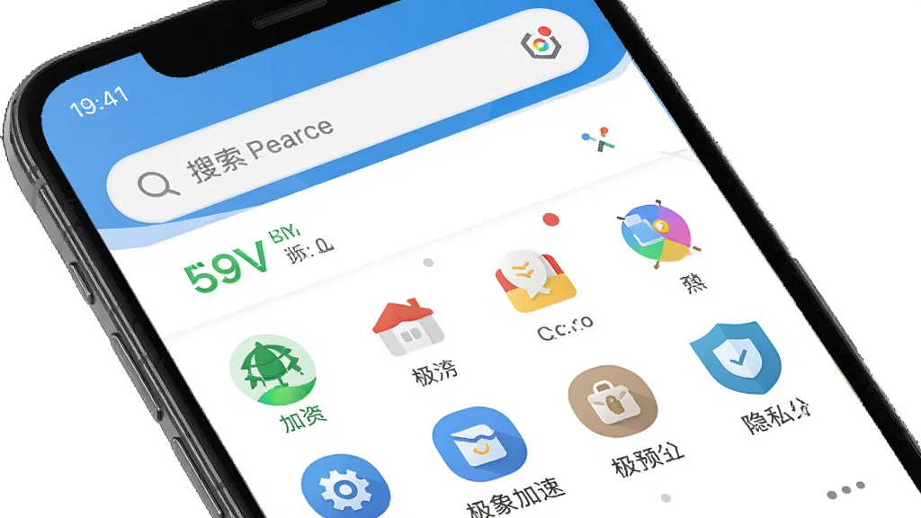 OC浏览器极速版手机界面展示,主体为一部智能手机屏幕显示浏览器主页,布局简洁明快,上方搜索框,下方功能图标排列整齐,排版清爽,风格现代扁平化,细节包括绿色加速标识和盾牌隐私图标,画质高清干净,无多余元素