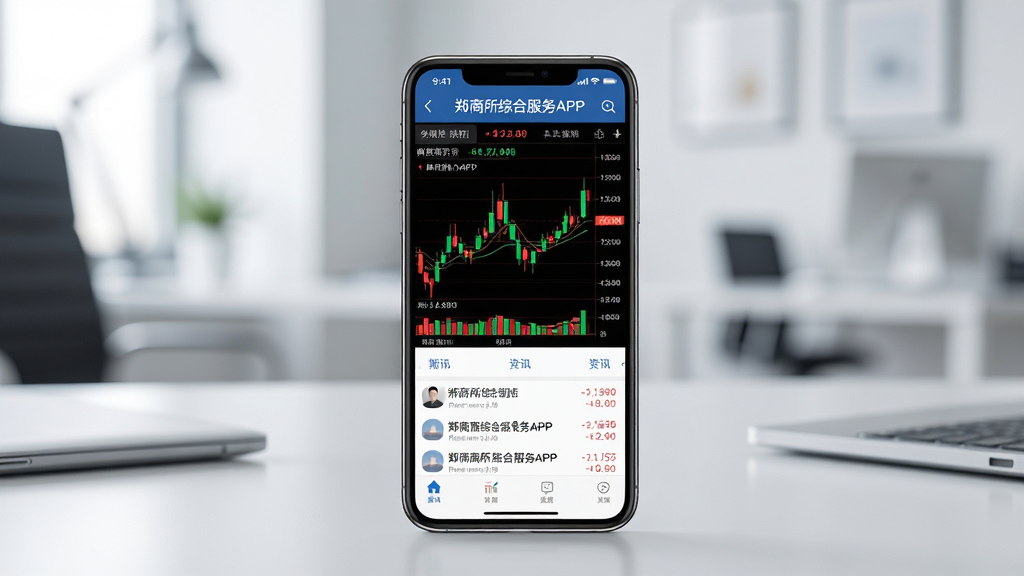 主体为一部正在运行郑商所综合服务APP的智能手机,屏幕清晰展示期货行情图表与资讯列表,手机放置于现代办公桌面上,背景虚化。布局为手机居中,前景清晰,背景环境整洁明亮。排版采用中心构图,突出手机屏幕内容。风格为写实科技感,光线柔和。细节包括屏幕内显示红绿K线图、数字报价及“郑商所综合服务APP”字样,手机边框质感高级。画质为高清,干净,无多余元素。