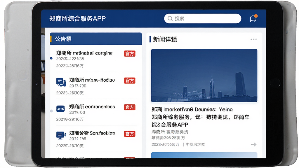 主体为郑商所综合服务APP的资讯页面界面设计图,以平板电脑为展示载体。布局为界面左侧是公告列表,右侧是新闻详情预览。排版采用分栏式,信息层级分明。风格为扁平化UI设计,主色调为深蓝色与白色。细节包括新闻标题旁有“官方”红色标签,列表项有日期与分类图标,顶部有搜索栏。画质为高清,干净,无多余元素,界面文字清晰可辨。