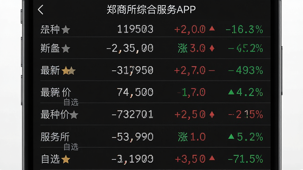 主体为郑商所综合服务APP行情界面的手机截图,展示多个期货品种的实时报价列表。布局为列表式,从上到下排列,每行显示品种名称、最新价、涨跌额及涨跌幅。排版清晰紧凑,数字采用等宽字体。风格为深色背景交易界面,红涨绿跌配色。细节包括顶部有“郑商所综合服务APP”字样,列表行有分割线,部分品种有“自选”星标。画质为高清,干净,无多余元素。
