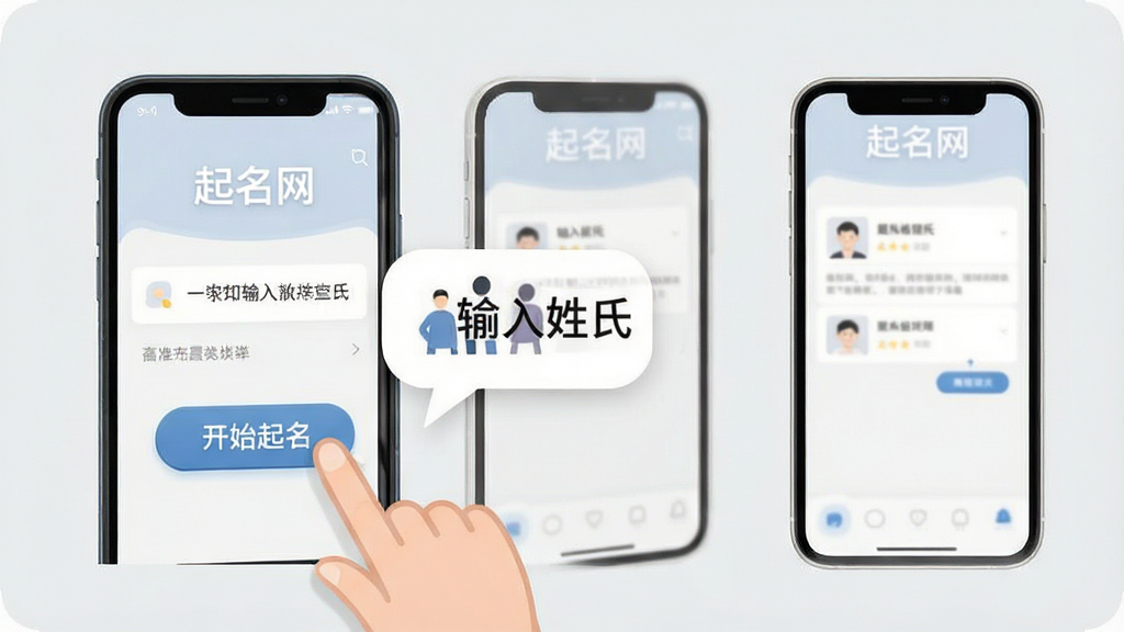 起名网APP使用教程示意图,展示手机屏幕上的操作步骤,手指点击“开始起名”按钮,旁边有文字气泡提示“输入姓氏”,背景为浅灰色,风格简约,画质干净,突出“起名网”字样