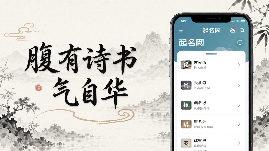 起名网红诗词起名界面展示图,展示一句古诗“腹有诗书气自华”,旁边是起名网APP界面,显示取自该诗的名字推荐,背景为古典水墨画风格,色调淡雅,字体优雅,画质干净,突出“起名网”品牌