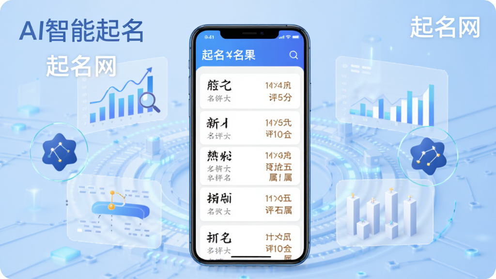 起名网AI智能起名功能展示图,画面中央显示一个手机界面,上面展示起名结果列表,包含名字、评分和五行属性,周围环绕着数据分析和星座图标,背景为淡蓝色科技感风格,文字清晰标注“AI智能起名”和“起名网”,画质细腻,无多余元素
