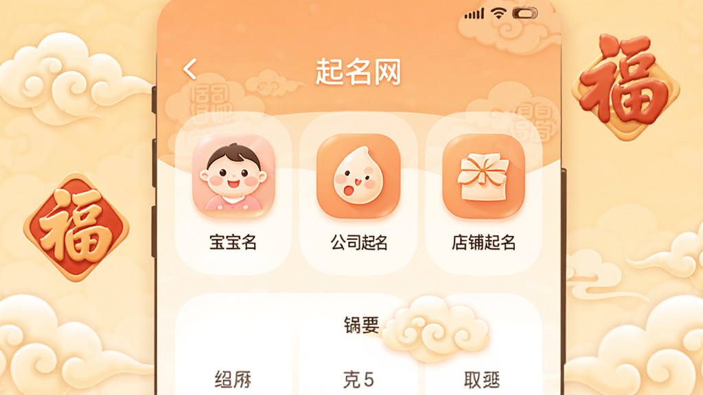起名网APP主界面预览图,展示宝宝起名、公司起名、店铺起名等功能模块,界面采用温馨的暖色调,图标圆润清晰,整体布局简洁大方,背景带有祥云和福字元素,画质干净,无多余装饰