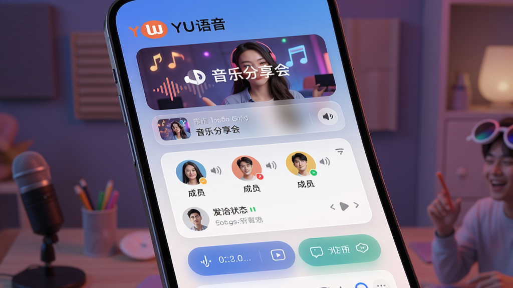 主体:一个充满活力的YU语音APP语音房间界面,房间主题为“音乐分享会”。布局:界面采用卡片式布局,顶部为房间标题和封面图,中部为成员列表和发言状态,底部为互动按钮。排版:清晰的模块划分,色彩明快,突出“YU语音”品牌标识。风格:现代简约的UI设计风格,带有轻微的玻璃拟态效果。细节:展示正在播放的歌曲信息,成员头像旁有音量动态指示,氛围感十足。画质:细腻,干净,无多余元素。