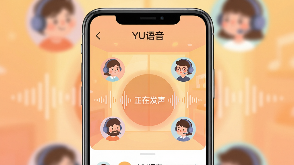 主体:YU语音APP界面展示,手机屏幕内呈现一个温暖的语音聊天房间,有多个卡通头像围绕在声波图形周围。布局:手机位于画面中央,屏幕内容清晰可见,背景为模糊的暖色调渐变。排版:手机竖屏展示,UI设计简洁现代,顶部有“YU语音”字样。风格:扁平化插画风格,色彩柔和温馨,营造治愈氛围。细节:界面中显示“正在发声”的提示和跳动的声音波形,房间内成员头像带有耳机元素。画质:高清,干净,无多余元素。