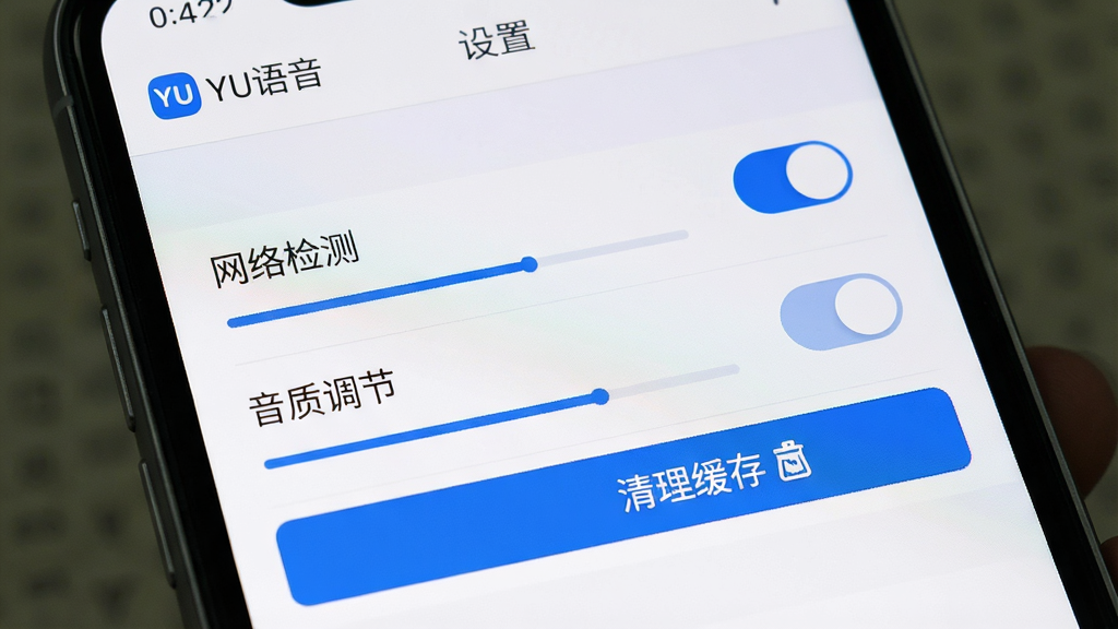主体:智能手机界面展示YU语音的设置页面。布局:屏幕中央显示设置列表,包括“网络检测”、“音质调节”和“清理缓存”选项。排版:列表清晰,有开关按钮和进度条。风格:写实风格的手机截图样式。细节:界面上有“YU语音”的Logo和“设置”标题,重点高亮“清理缓存”按钮。画质:高清,干净,无多余元素。