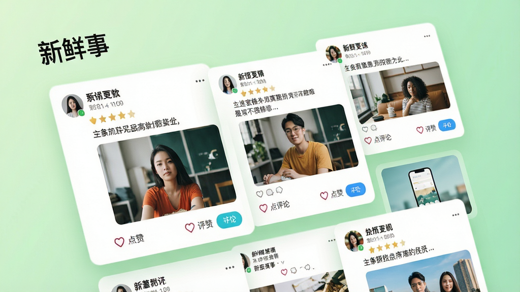 画面主体为一个动态信息流界面,顶部有“新鲜事”标签,下方排列着不同用户的动态卡片,包含文字、图片和点赞评论按钮,背景是淡绿色渐变,整体布局错落有致,采用卡片式设计,细节丰富,画质高清,干净无多余元素。