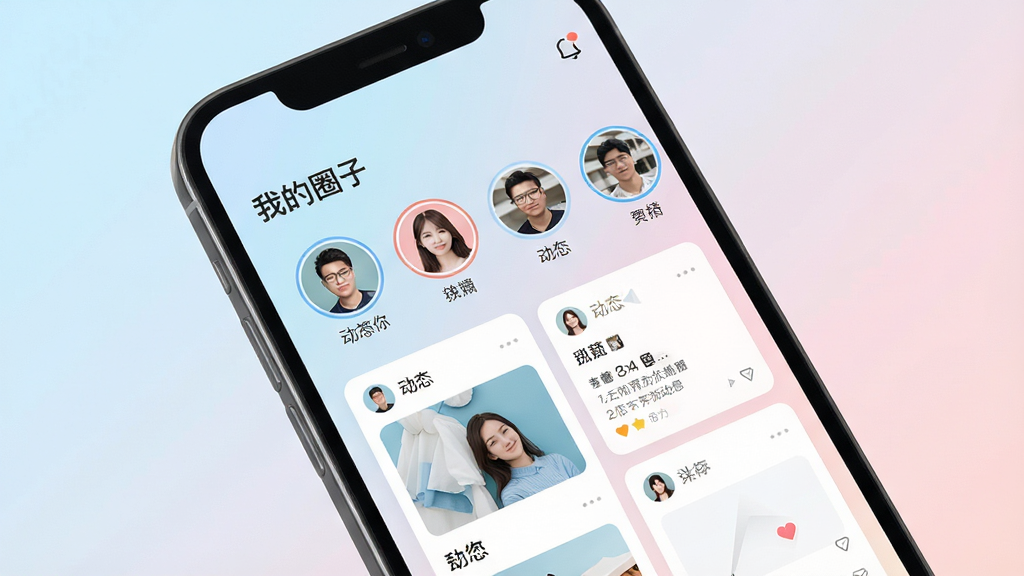 画面主体为一部智能手机屏幕,屏幕中显示“我的圈子”APP主界面,界面顶部有“我的圈子”字样,下方分布着多个圆形好友头像和动态卡片,背景是柔和的渐变色(淡蓝到浅粉),整体布局简洁清爽,采用扁平化设计风格,细节丰富,画质高清,干净无多余元素。