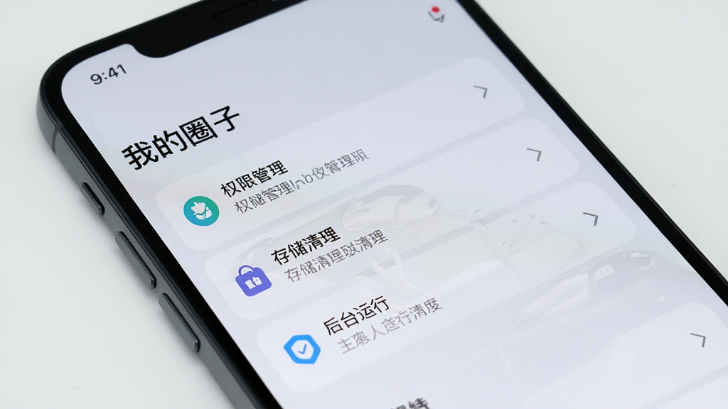 画面主体为一部手机屏幕,屏幕显示“我的圈子”的设置页面,包含权限管理、存储清理、后台运行等选项,背景是浅灰色,整体布局清晰,采用简洁风格,细节丰富,画质高清,干净无多余元素。