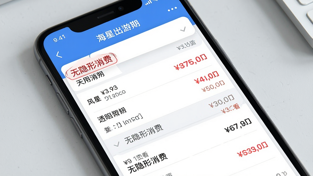 主体:海星出游App的订单费用明细截图,展示清晰的费用分类和透明价格。布局:手机屏幕特写,背景为浅灰色桌面。排版:费用列表分段展示,重点价格用红色字体突出。风格:简洁商务风。细节:屏幕中显示“无隐形消费”字样,费用项可展开查看。画质:高清,干净无多余元素。