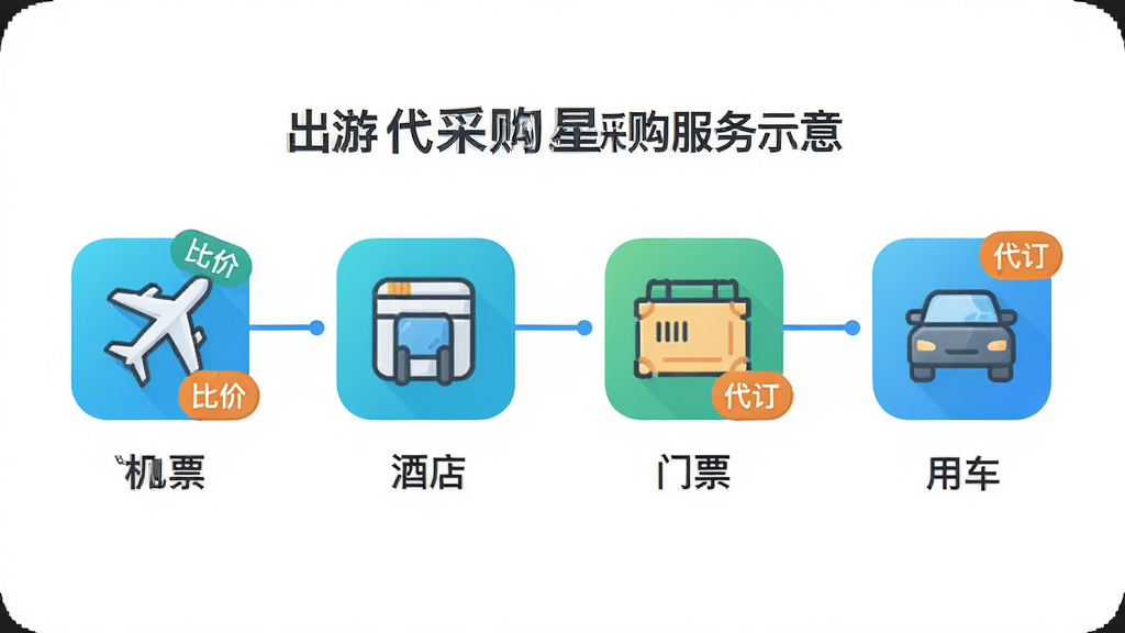 主体:海星出游App的代采购服务流程示意,包含机票、酒店、门票、用车图标。布局:流程横向排列,每个图标下方有简短的说明文字。排版:图标大小统一,线条连接。风格:清新简约。细节:图标上有“比价”“代订”小标签。画质:高清,干净无多余元素。