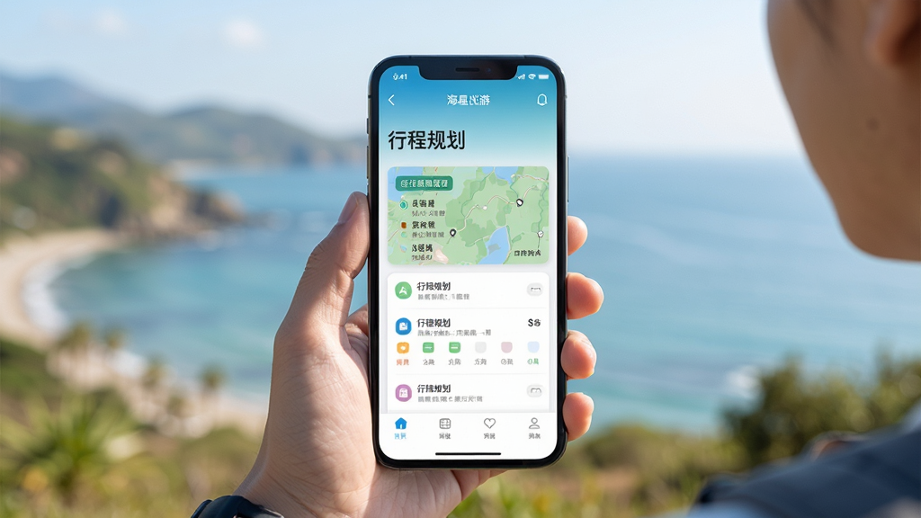主体:用户手持手机使用海星出游App,屏幕上显示行程安排,背景为户外风景。布局:人物居中,手机屏幕特写,背景虚化。排版:主要元素清晰,手机屏幕内容可辨。风格:生活化场景,自然光线。细节:屏幕上有“行程规划”字样。画质:高清,干净无多余元素。