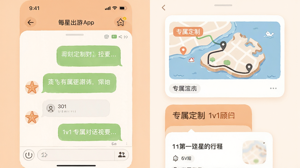 主体:海星出游App中1v1顾问对话界面与定制行程单。布局:左侧为对话聊天窗口,右侧为生成的行程卡片。排版:对话气泡与行程卡片交错排列。风格:温馨柔和色调。细节:行程卡片上有“专属定制”标签,地图路线清晰。画质:高清,干净无多余元素。