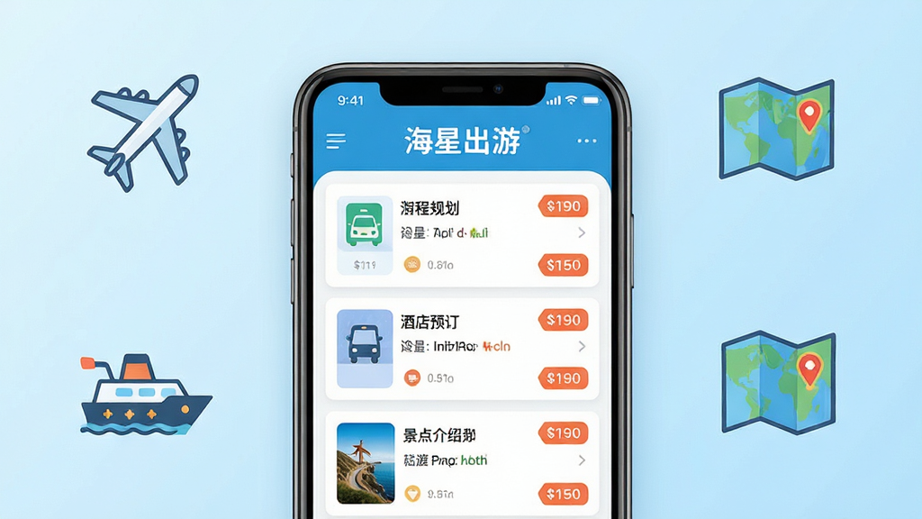 主体:海星出游App的界面展示,手机屏幕内显示旅游行程规划、酒店预订、景点介绍等核心功能模块,屏幕上方有“海星出游”品牌字样。布局:手机居中,背景为淡蓝色渐变,周围有简约的旅行图标如飞机、轮船、地图。排版:界面图标排列整齐,信息层级清晰。风格:现代扁平化设计,色彩明快。细节:手机屏幕内行程列表清晰可见,价格标签明确。画质:高清渲染,干净无多余元素。