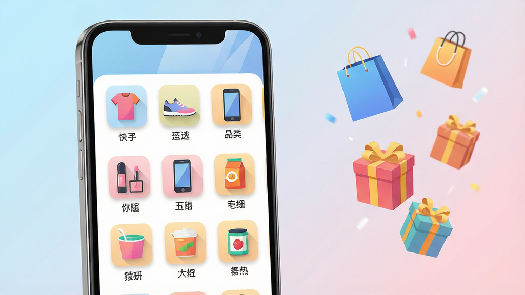 主体:快闪购APP的“全品类”功能预览图,画面中央是手机屏幕,屏幕内以网格形式展示各种商品分类图标,包括衣服、鞋子、手机、化妆品、食品等,每个图标下方有汉字标签;布局:手机置于画面中心偏左,右侧有漂浮的商品元素(如购物袋、礼盒)增加动感,背景为柔和的渐变色;排版:分类图标整齐排列,3行4列,标签文字清晰;风格:扁平插画风,色彩鲜艳活泼,背景以浅蓝到浅粉渐变;细节:每个图标有细微阴影,手机屏幕有轻微反光,整体画面干净;画质:高清渲染,细节丰富,无多余元素。