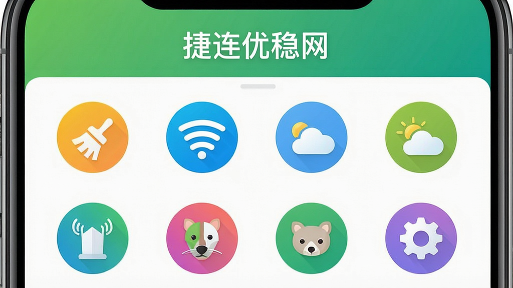 一张手机屏幕主界面截图,居中展示“捷连优稳网”的整洁功能图标布局,上方有绿色渐变背景的标题栏,下方两排共六个彩色圆形图标,分别代表清理、WiFi、天气、植物识别、动物识别、设置,风格简洁明快,UI现代,分辨率高,画质干净,无多余元素