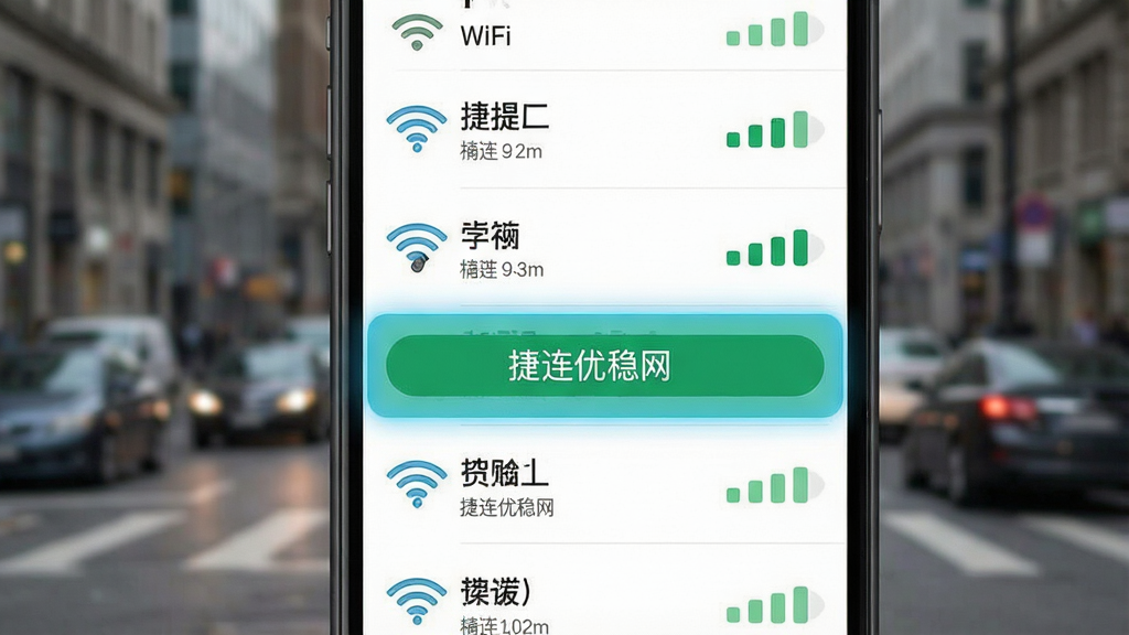 一张手机WiFi列表界面,展示多个WiFi名称和信号格,其中一个被高亮选中并显示“捷连优稳网”连接按钮,背景是城市街道模糊场景,风格写实,画质高清